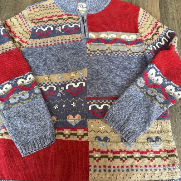 Koret City Blue VTG Patchwork Knit Sweater Heart Floral Embroidery Womens Sz M - Picture 2 of 8